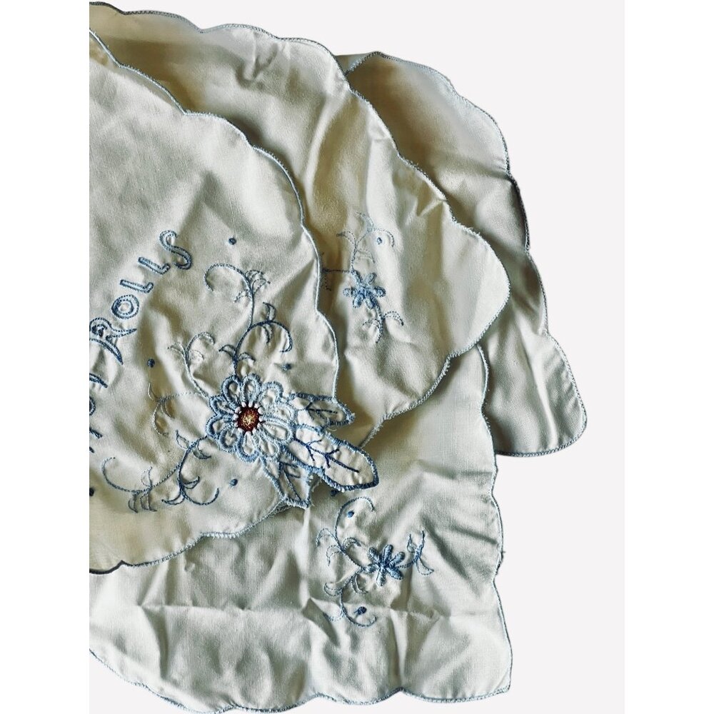 Vintage Embroidered Hot Rolls Bread Warmer Towel 22.5" X 23" Floral White & Blue